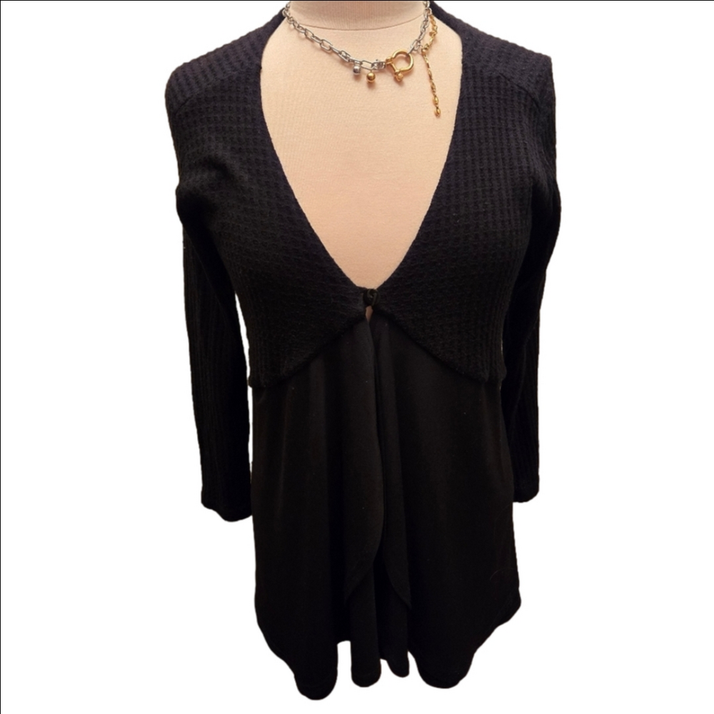 ❤️‍🔥3/15$ Black Ribbed Knit & Chiffon Babydoll Top | Deep V Tie Front